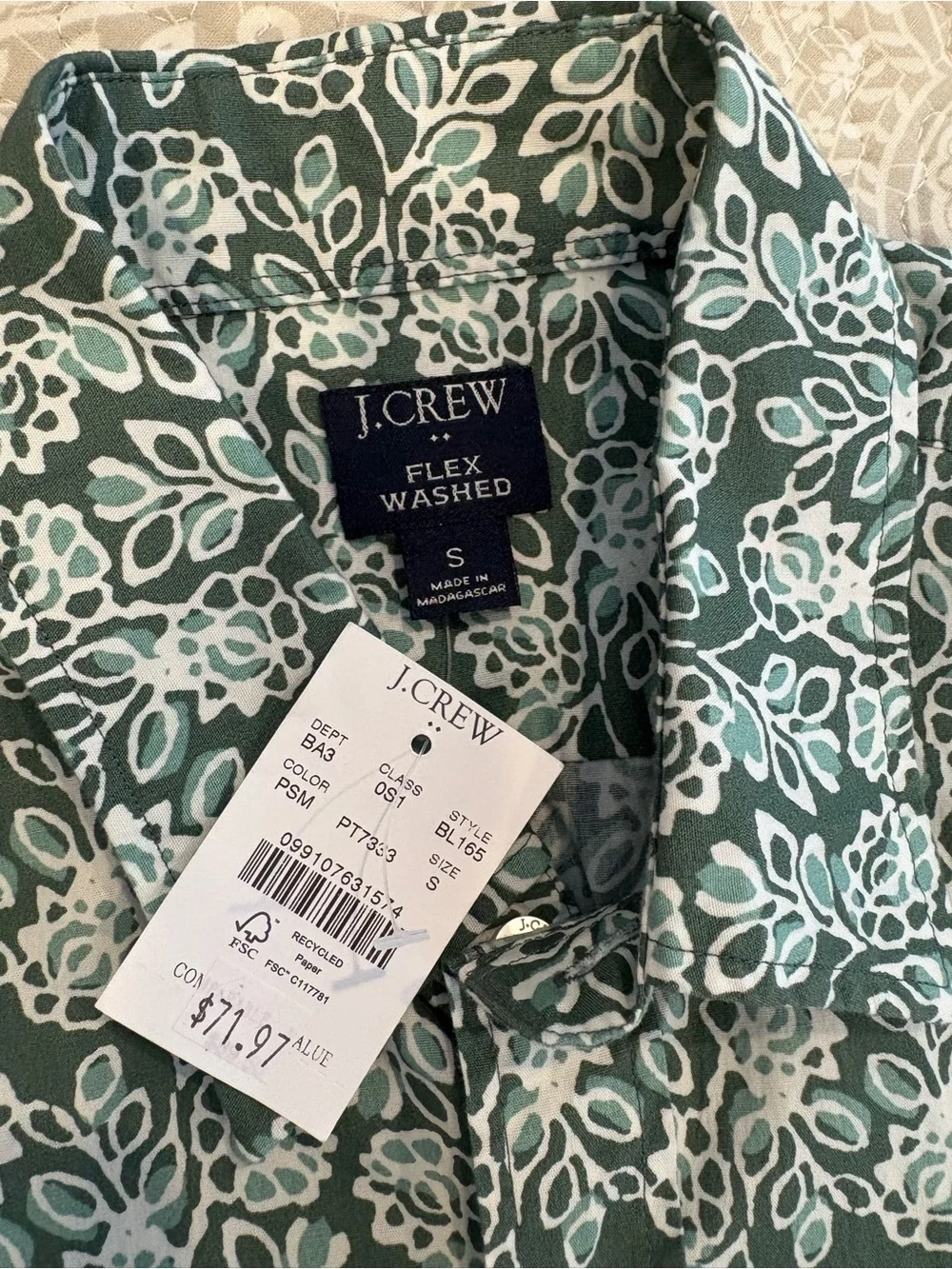 J. Crew Green and White Floral Short-Sleeve Button-Down Shirt